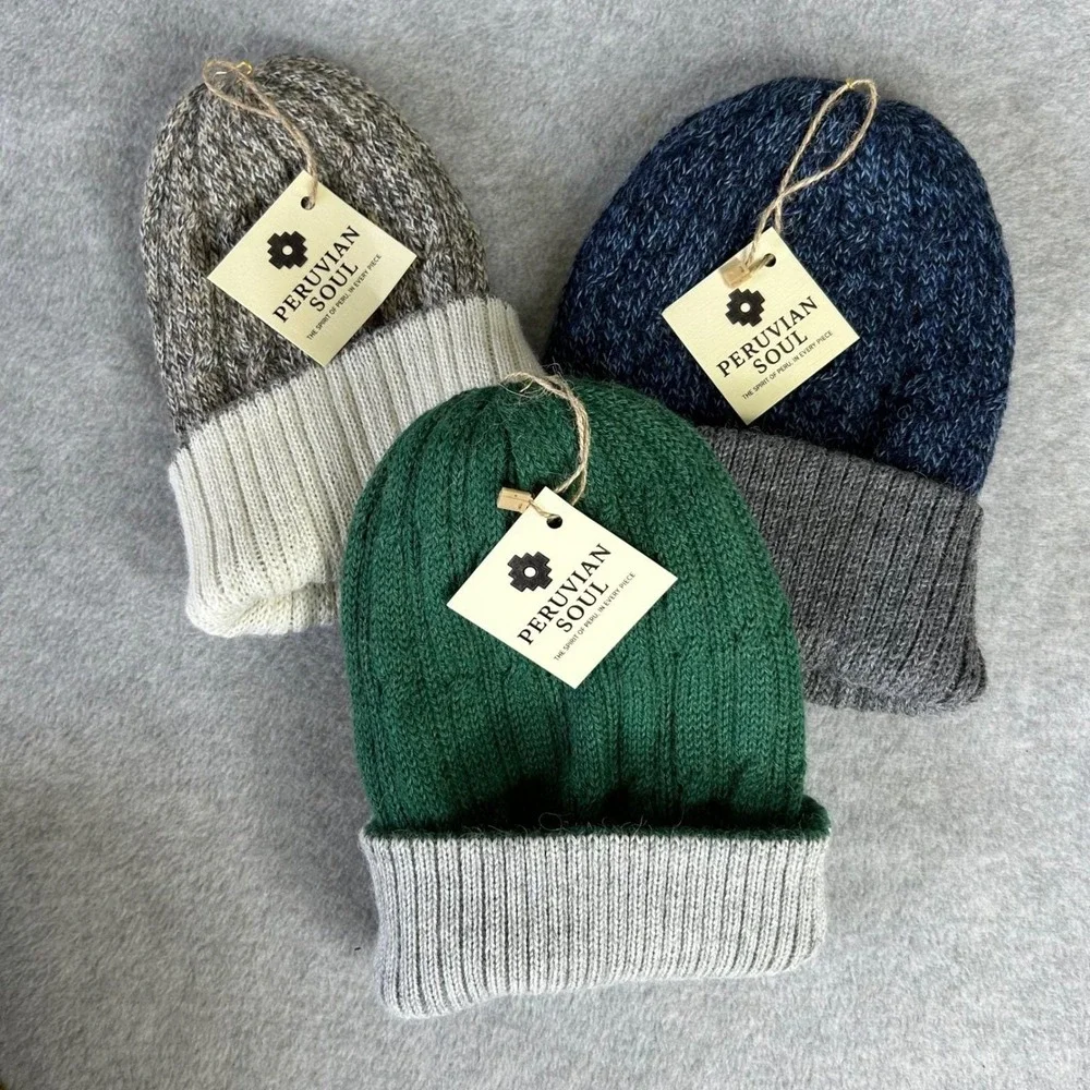 Peruvian Soul Baby Alpaca Beanie Hat Reversible Gray Yellow Ribbed‎ Knit Winter